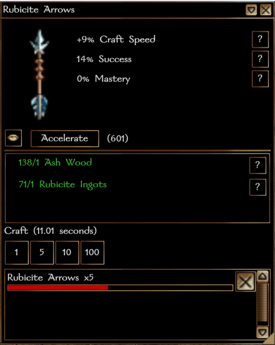 The recipe panel, with its ingredients and the queue buttons